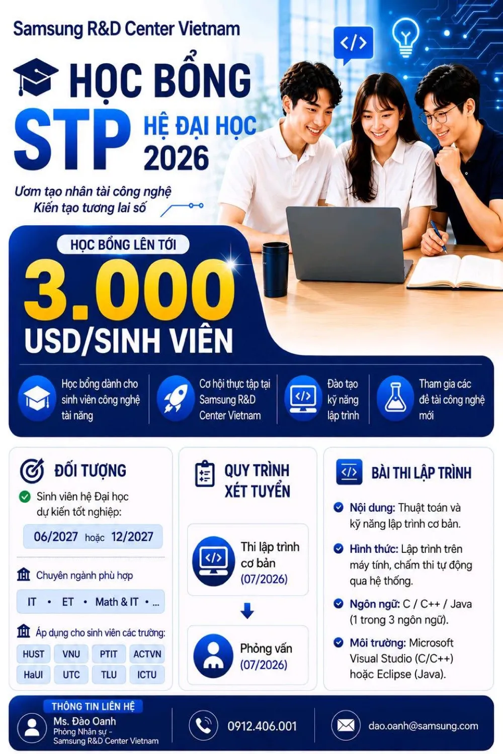 Poster Học bổng STP hệ Đại học 2026 - Samsung R&D Center Vietnam, 3.000 USD/sinh viên