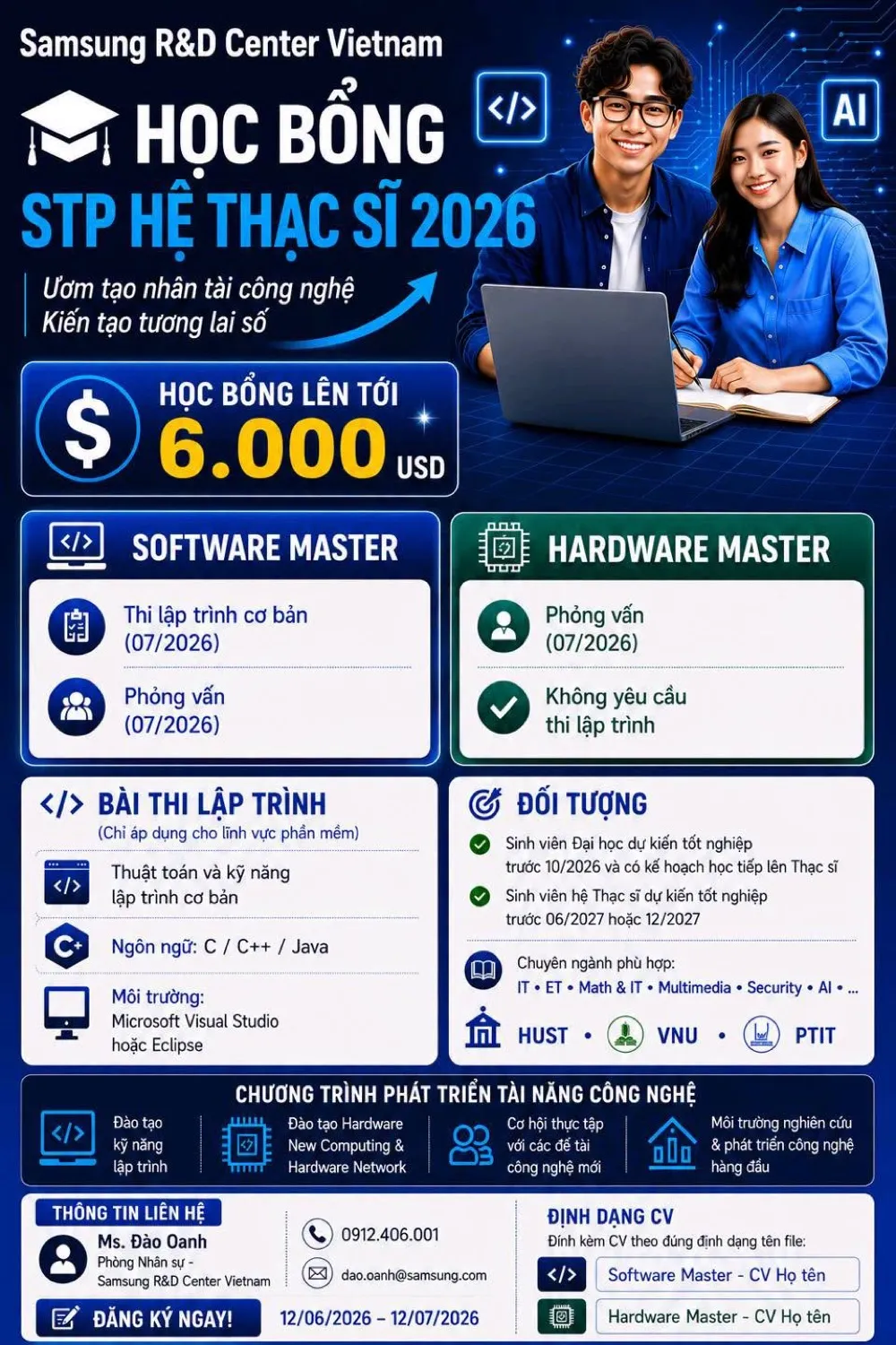 Poster Học bổng STP hệ Thạc sĩ 2026 - Samsung R&D Center Vietnam, học bổng lên tới 6.000 USD