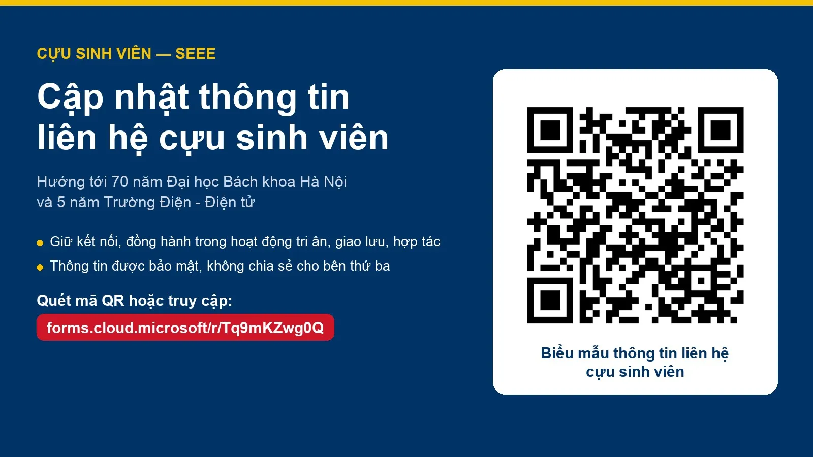 Cập nhật thông tin liên hệ cựu sinh viên Trường Điện - Điện tử — quét mã QR hoặc truy cập biểu mẫu trực tuyến